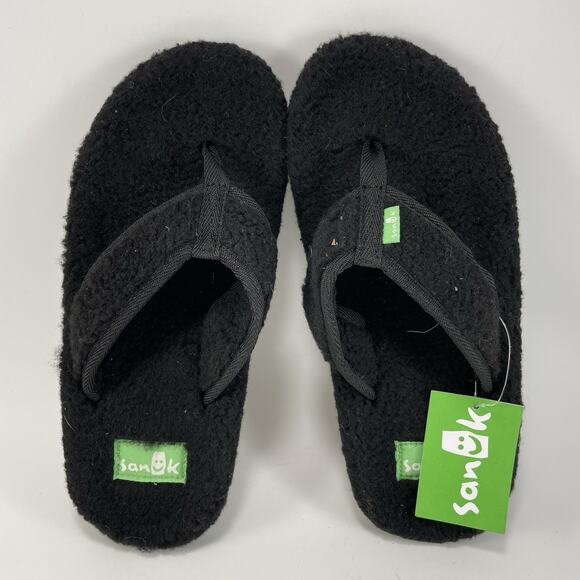Sanuk Furreal Classic Chill Fuzzy Flip Flops Womens Size 7 Black Sandals Thong - Picture 5 of 9